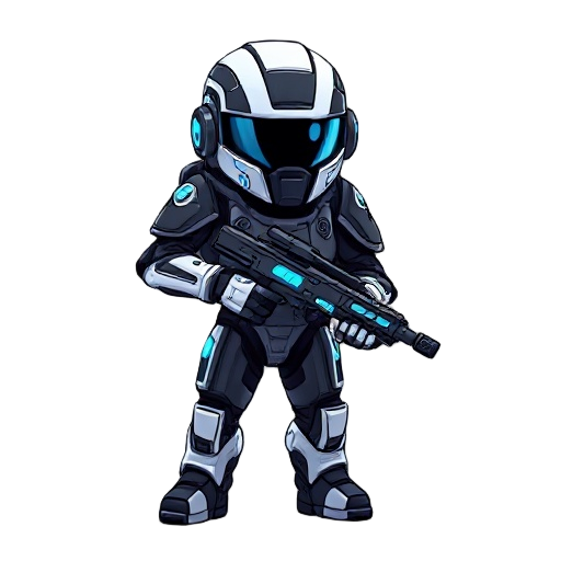 a futuristic soldier with black and white war armor with blue neon glows, he must have the appearance of a tiny, small body and big head, holdinga rifle gun