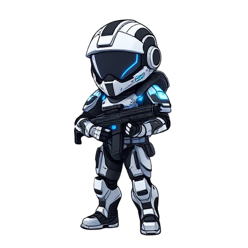 a futuristic soldier with black and white war armor with blue neon glows, he must have the appearance of a tiny, small body and big head, holdinga rifle gun im t pose