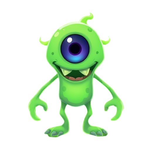 create a tiny style monster, small body and big head, one eye and with a slime appearance, it must have long arms and big hands, one eye in the center and a big mouth with sharp teeth, it must have neon glow on the body in light green color
