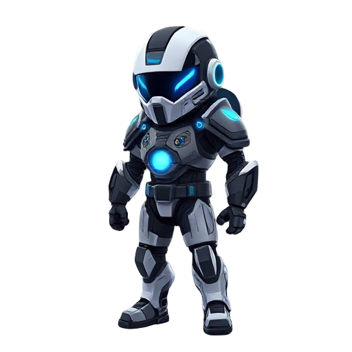 a futuristic soldier with black and white war armor with blue neon glows, he must have the appearance of a tiny, small body and big head