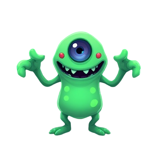 create a tiny style monster, small body and big head, one eye and with a slime appearance, it must have long arms and big hands, one eye in the center and a big mouth with sharp teeth, it must have neon glow on the body in light green color