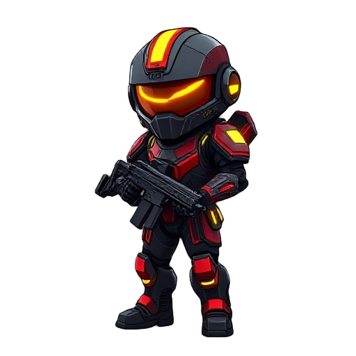 a futuristic soldier with black and red war armor with yellow neon glows, he must have the appearance of a tiny, small body and big head, holdinga rifle gun im t pose