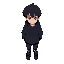 anime stylized boy, black sweatshirt with dark purple star in the middle, black cause with purple shoes of the same shade, medium black hair