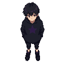 anime stylized boy, black sweatshirt with dark purple star in the middle, black cause with purple shoes of the same shade, medium black hair
