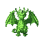 a green dragon in a top down view with 4 legs, two wings, two horns