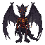 half-flesh, half-complete dragon seen from the waist up, facing forward. the creature has no visible eyes—its eye sockets are covered by skin or scales. its body is covered in deep lava scars that glow faintly, and it has long, tattered wings stretching b