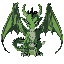 a green dragon in a top down view seeing left with 4 legs, two wings, two horns, with black eyes and a gray palett colours, this are going to be an adult dragon, with small head, long body, big wings, big tail