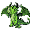 a green dragon in a top down view seeing left with 4 legs, two wings, two horns, with black eyes and a gray palett colours