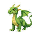 a green dragon with a gey scale colour with small head, big body, long tail, two horns, four legs, and different skins in the abbs