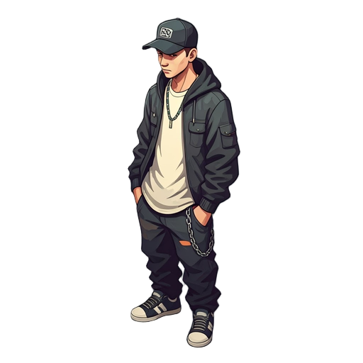 character with a chain, baggy trousers sneakers, cap low london
