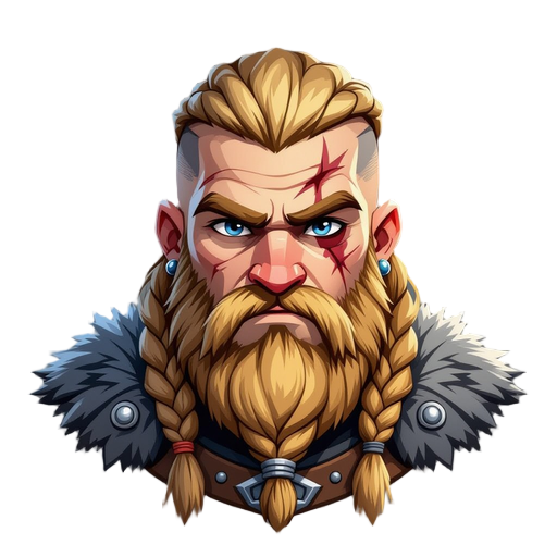 male viking warrior with scarred over left eye braided blonde hair and beard