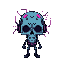 digital skull, glitch effects, neon circuits, flickering cracks, top-down, dark aura, hand-drawn, transparent background.