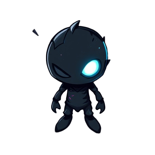 art glitch character, top-down, hand-drawn style, dark with neon fragments, big glowing eye, mysterious, transparent background