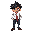 brazilian office worker. messy black hair, white shirt, red tie, blue pants, brown shoes. worn-out look, slouched posture, arms drooping. retro 16-bit style, light beige background.