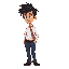 brazilian office worker. messy black hair, white shirt, red tie, blue pants, brown shoes. worn-out look, slouched posture, arms drooping. retro 16-bit style, light beige background.