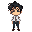 brazilian office worker. messy black hair, white shirt, red tie, blue pants, brown shoes. worn-out look, slouched posture, arms drooping. retro 16-bit style, light beige background.