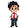brazilian office worker. messy black hair, white shirt, red tie, blue pants, brown shoes. worn-out look, slouched posture, arms drooping. retro 16-bit style, light beige background.
