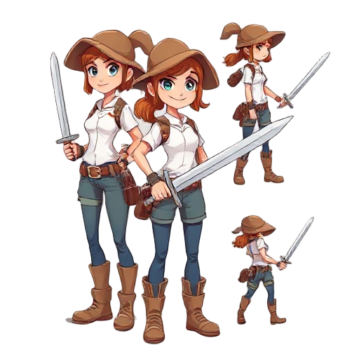 mulher loira, com roupa de aventureira, camisa branca, calça bege, bota e ombreira de couro, ela tem uma espada, frames andando, correndo, ociosa parada com cabelos ao vento, atacando com a espada, interagindo com coisas aleatória 