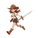 mulher loira, com roupa de aventureira, camisa branca, calça bege, bota e ombreira de couro, ela tem uma espada, frames andando, correndo, ociosa parada com cabelos ao vento, atacando com a espada, interagindo com coisas aleatória 
