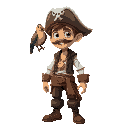 a poor and young pirate with one bird on shoulder. he wear a gold medal 