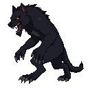 full-body side view of a muscular black werewolf with glowing eyes and sharp claws, clean silhouette, fantasy dark style, intimidating pose, transparent background, game-ready.