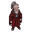  full-body of an old sorcerer with gray ponytail, beard, red eyes, red tunic, brown cloak, glowing blue pendant, 16-bit rpg style