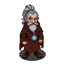  full-body of an old sorcerer with gray ponytail, beard, red eyes, red tunic, brown cloak, glowing blue pendant, 16-bit rpg style