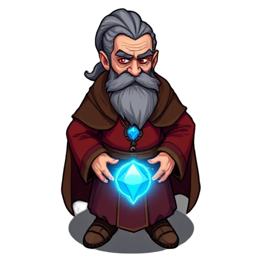  full-body of an old sorcerer with gray ponytail, beard, red eyes, red tunic, brown cloak, glowing blue pendant, 16-bit rpg style