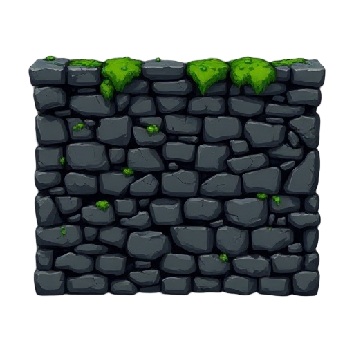 stone wall tilemap, dark gothic style, covered with moss, some broken and cracked parts, flat surface border on top, 2d game asset, seamless texture, high detail, for metroidvania game