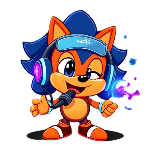 cartoon hedgehog mascot with glowing dark blue spines, orange body, big smile. wearing headphones labeled “vadis,” holding a microphone, speaking with signal waves. futuristic coding symbols float by. neon blue, purple, orange on dark background.