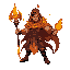 fire mage, flame-touched robes, ember eyes, flaming staff, scorched earth around, fiery aura, male, battle stance