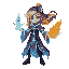 female elemental mage, crystals on robes, one hand with fire, the other with water, wind in hair, glowing eyes, ethereal background