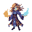 female elemental mage, crystals on robes, one hand with fire, the other with water, wind in hair, glowing eyes, ethereal background