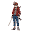 male teen with blue pants, red hoodie and a sword