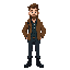a journalist wearing a brown jacket. underneath, he has a dark green and blue checkered shirt. he wears black boots. his hair is straight, and brown. he has a stubbly beard. he carries a laptop bag.