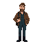 a journalist wearing a brown jacket. underneath, he has a dark green and blue checkered shirt. he wears black boots. his hair is straight, and brown. he has a stubbly beard. he carries a laptop bag.