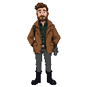 a journalist wearing a brown jacket. underneath, he has a dark green and blue checkered shirt. he wears black boots. his hair is straight, and brown. he has a stubbly beard. he carries a laptop bag.