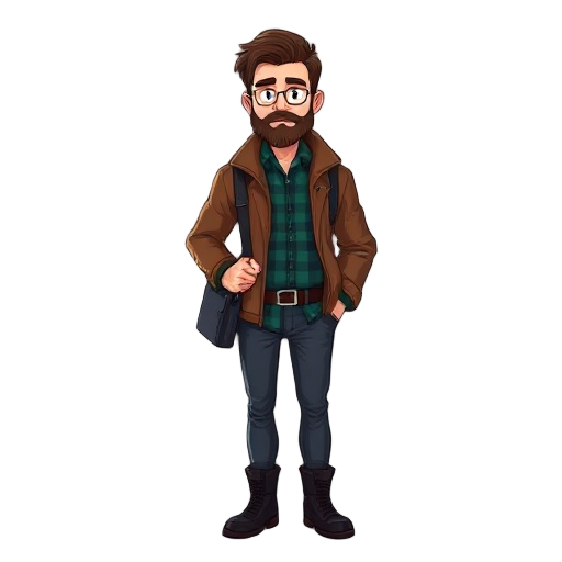 a journalist wearing a brown jacket. underneath, he has a dark green and blue checkered shirt. he wears black boots. his hair is straight, and brown. he has a stubbly beard. he carries a laptop bag.