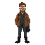 a journalist wearing a brown jacket. underneath, he has a dark green and blue checkered shirt. he wears black boots. his hair is straight, and brown. he has a stubbly beard. he carries a laptop bag.