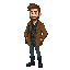 a journalist wearing a brown jacket. underneath, he has a dark green and blue checkered shirt. he wears black boots. his hair is straight, and brown. he has a stubbly beard. he carries a laptop bag.