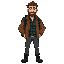a journalist wearing a brown jacket. underneath, he has a dark green and blue checkered shirt. he’s wearing black boots. his hair is straight and brown. he has a stubbly beard. he has a backpack.