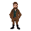 a journalist wearing a brown jacket. underneath, he has a dark green and blue checkered shirt. he wears black boots. his hair is straight, and brown. he has a stubbly beard. he carries a laptop bag.