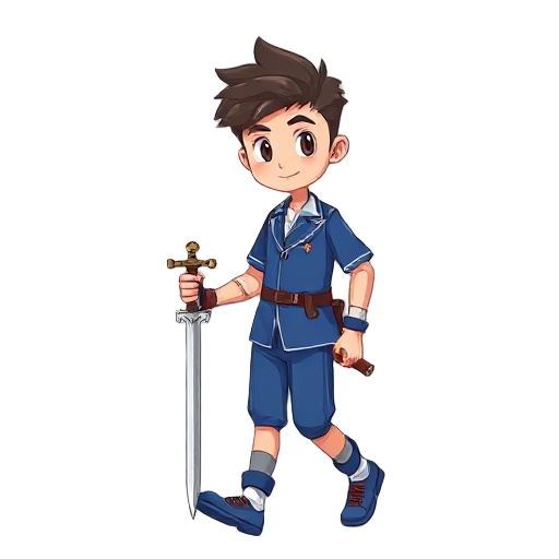 a male student wearing blue school uniform holding a sword walking