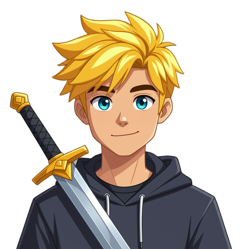 male student with yellow hair holding sword