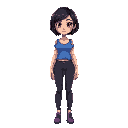 a bealtiful woman in licra clothes with short and black hair in top down blue top and purple shoes