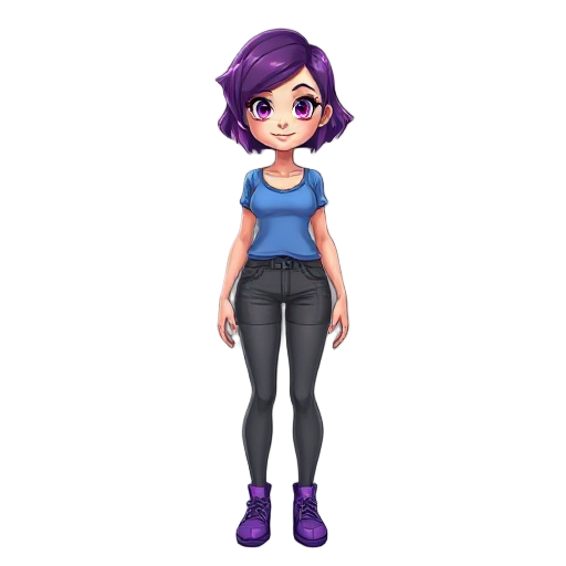a bealtiful woman in licra clothes with short and purple hair in top down blue top and purple shoes