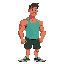 man in dark green shorts and aqua tanktop