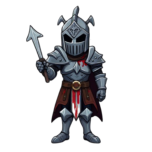a medieval knight in shattered and bleeding armor