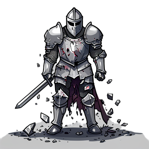 a medieval knight in shattered and bleeding armor