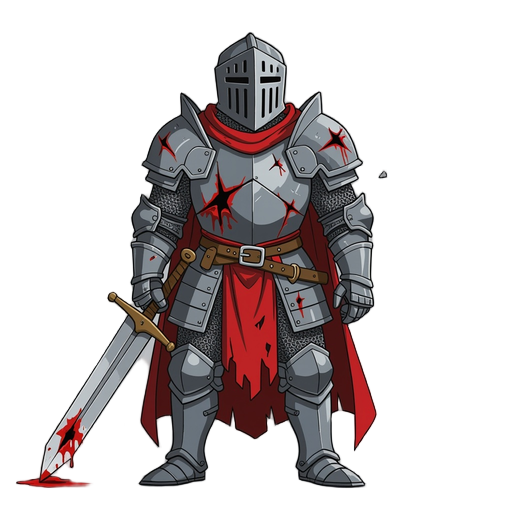 a medieval knight in shattered and bleeding armor